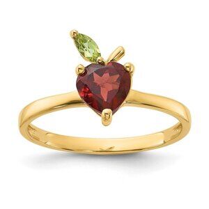 14K Yellow Gold Red heart Shaped Garnet Marquise Shaped leaf Peridot Apple Ring